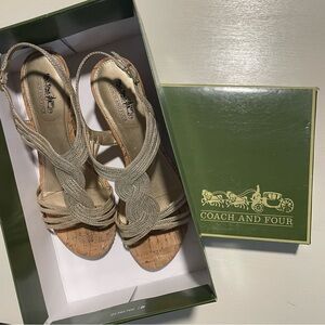 Coach and‎ Four Gold Strappy Metallic Wedge Sandals Size 7.5 Cork Heel